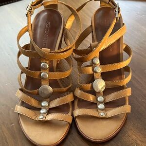Bernardo Tan Strappy Leather Sandals with Silver Studs